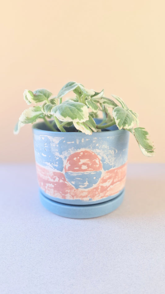 Small Monoprint Planter (Henna/Blue)