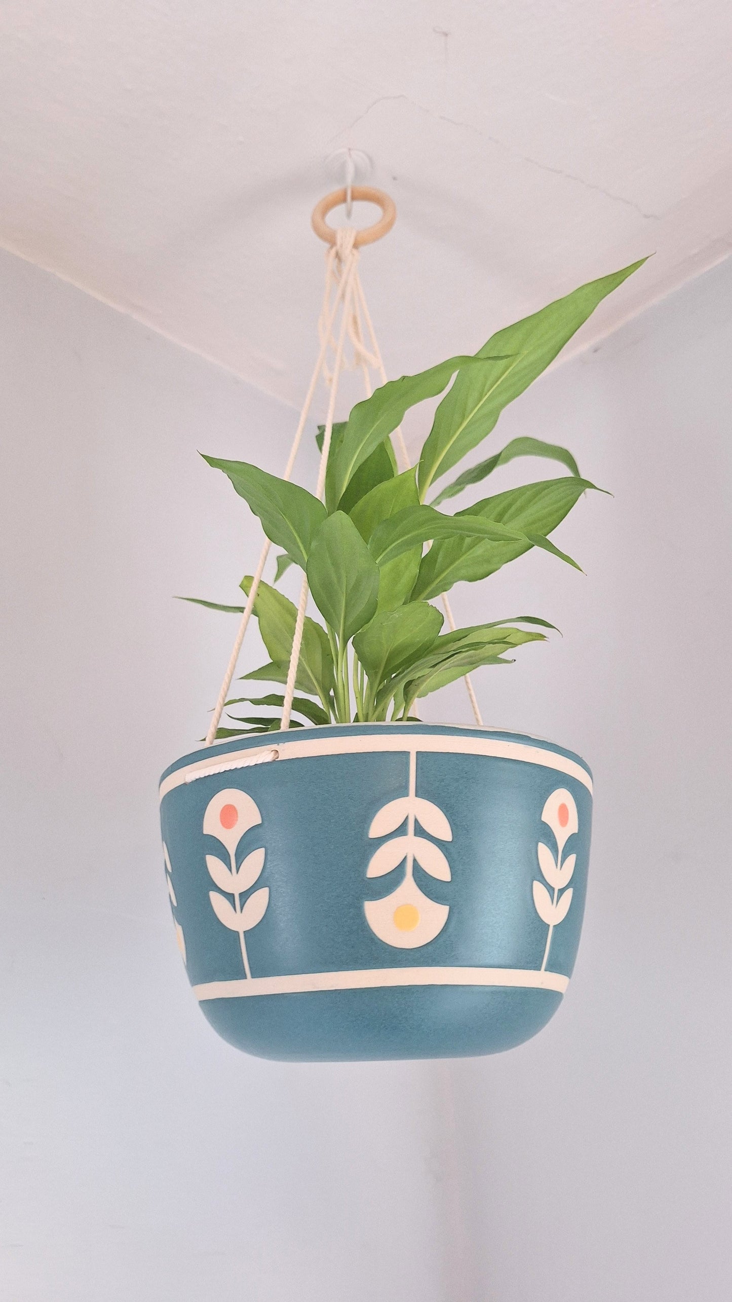 Teal Folk Flower Hanging Planter